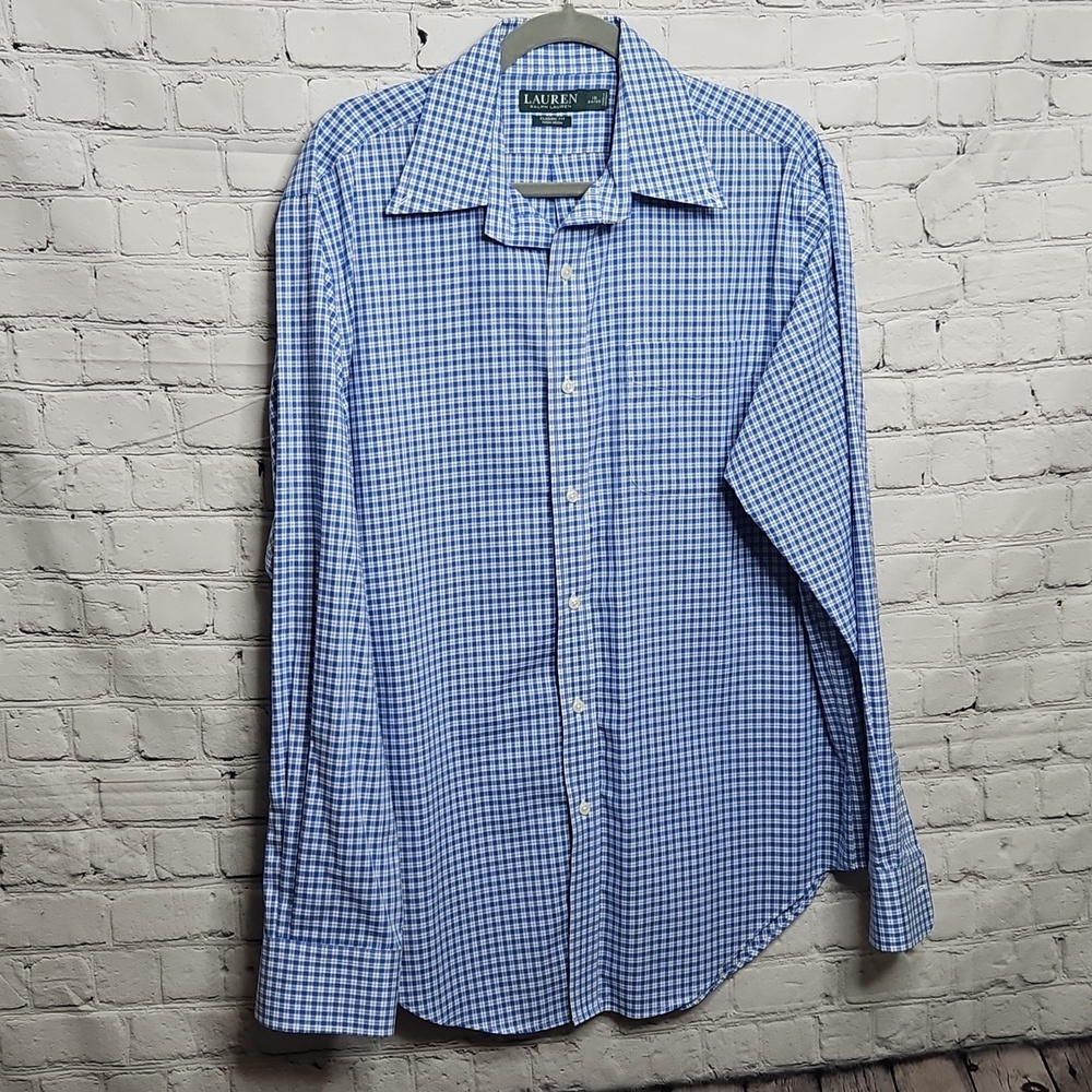 Lauren Ralph Lauren Blue White Plaid Non Iron Dress Shirt 16 34/35